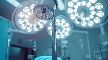 Bright Surgical Room with Overhead Lights and Medical Equipment Ready for Operation Showing a Sterile Environment and Advanced Technology in Modern Healthcare Setting photo