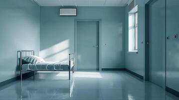Minimalist Hospital Room with Bed and Blue Walls, Natural Light Streaming Through Window, Clean and Serene Environment for Healthcare Settings photo