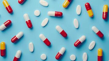Colorful assortment of capsules and tablets scattered on a blue background, portraying various shapes, sizes, and colors representing pharmaceutical products and health care concepts. photo