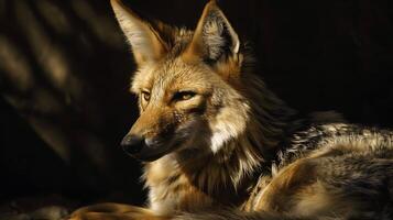 Close-up Portrait of a Coyote with Striking Features and Beautiful Fur, Capturing the Essence of Nature and Wildlife in a Stunning Natural Habitat photo