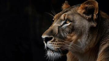 Majestic Lioness Staring into the Distance with Intense Focus and Graceful Features in a Dark Background Illuminated by Soft Light photo