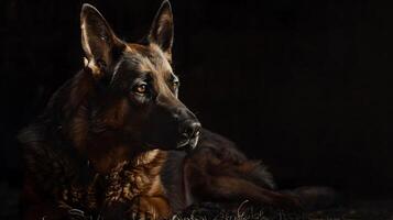 Majestic German Shepherd Dog Resting in Soft Light with Dark Background, Capturing the Grace and Intelligence of a Beloved Canine Companion photo