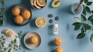 Fresh Fruits and Supplements in a Brightly Colored Flat Lay Arrangement Featuring Oranges, Lemons, Avocado, and Dietary Tablets on a Light Blue Background photo