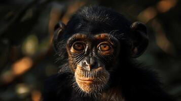 Captivating Close-Up of a Young Chimpanzee with Expressive Eyes in Natural Habitat, Showcasing Detail of Fur and Unique Facial Features in Soft Light photo