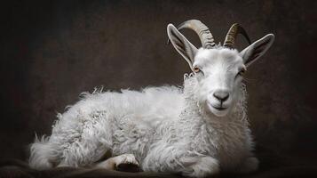 Majestic White Goat with Curly Fur Relaxing Gracefully in Artistic Lighting on Dark Background, Capturing Nature's Beauty and Serene Presence photo