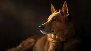 Majestic Dog Portrait in Low Light with Rich Textures Highlighting Its Golden Fur and Focused Expression, Perfect for Animal Lovers and Pet Enthusiasts photo