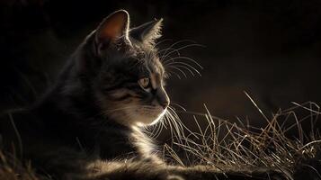 Captivating Portrait of a Gray Cat Silhouetted Against a Dark Background, Showcasing Its Graceful Features and Natural Curiosity with Soft Highlighted Fur photo