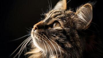 Majestic Feline Profile in Soft Light Highlighting Features of a Fluffy Cat with Striking Eyes and Detailed Fur Texture Against a Dark Background photo