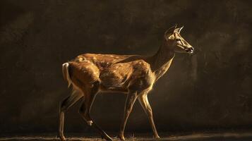 Elegant Deer Walking Gracefully in a Softly Lit Environment Highlighting Natural Beauty and Serene Atmosphere Captured in a Moment of Tranquility photo