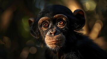 Captivating Close-Up of a Young Chimpanzee with Intriguing Expressions Displaying Curiosity and Playfulness in Natural Habitat Under Soft Bokeh Background photo