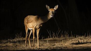 Elegant deer stands gracefully in soft light amidst dark forest surroundings, showcasing its slender form and delicate features, a captivating moment in nature. photo