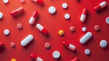Colorful assortment of pharmaceutical capsules and tablets scattered on a vibrant red background, showcasing different shapes and sizes in a modern and dynamic layout. photo