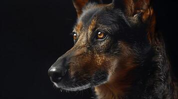 Close-Up Portrait of a Thoughtful Dog Capturing the Beauty and Expression of a Loyal Canine with Stunning Details and Soft Lighting on a Dark Background photo