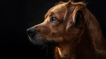 A Close-Up Portrait of a Golden Brown Dog Staring Intently Against a Dark Background Emphasizing the Dog's Expressive Features and Intense Gaze photo