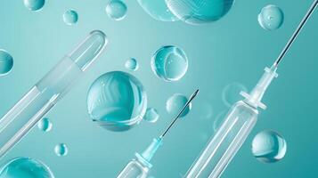 High-Quality Abstract Composition of Medical Equipment Including Syringes and Droplets on a Soft Teal Background for Healthcare and Science Purposes photo