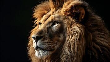 Majestic Lion Portrait with Fluffy Mane Gazing Intently Against a Dark Background, Capturing the Strength and Nobility of the King of the Jungle photo