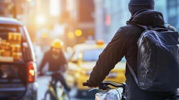 Urban Cyclist Navigating Busy City Streets at Sunset photo