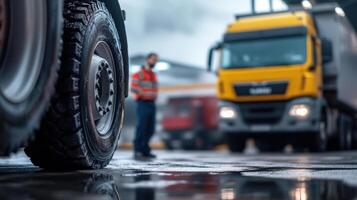 Close-Up of Truck Tire with Blurred Vehicle and Worker in Background photo