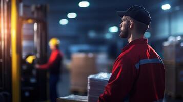 Warehouse Worker Observing Forklift Operations in Industrial Setting photo