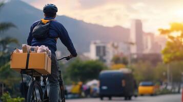 Person Riding Bicycle with Delivery Box in Urban Landscape at Sunset photo