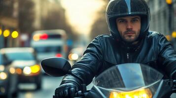 Man Riding Motorcycle in Urban Setting with Traffic and Lights photo