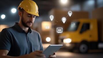 Warehouse Worker Utilizing Tablet for Inventory Management and Tracking photo