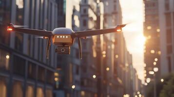 Drone Flying Over Urban Cityscape During Golden Hour Light photo