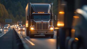 Sunset Road Scene with Large Truck Driving on Highway photo