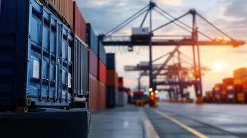 Shipping Containers at a Port During Sunset with Cranes in Background photo