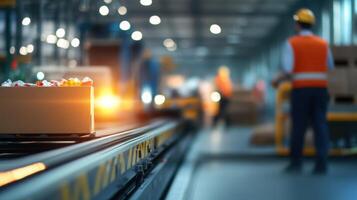 Warehouse Production Line with Box on Conveyor and Worker in Safety Gear photo
