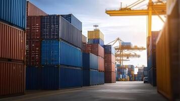 Stacked Shipping Containers at Port with Cranes and Sunset Background photo