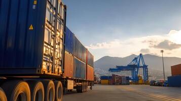 Transport of Shipping Containers in Port with Cranes at Sunset photo