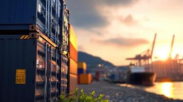 Containers Awaiting Loading at Port During Sunset with Soft Focus photo