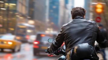 Urban Motorcycle Rider Navigating Busy City Streets in Motion photo