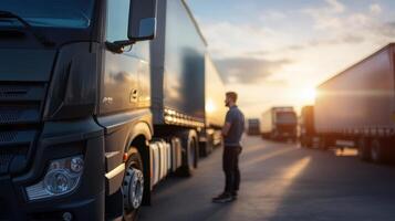 Man Standing Next to a Truck in a Transport Yard at Sunset photo