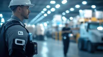 Warehouse Safety Officer Monitoring Worksite Operations in Factory photo