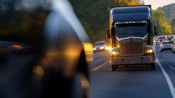 Truck on Highway with Blurred Vehicles During Golden Hour Sunset photo