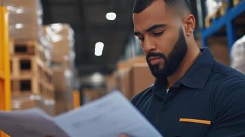 Focused Male Worker Reviewing Documents in Warehouse Environment photo