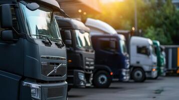 Modern Trucks Parked in Urban Area During Late Afternoon Light photo