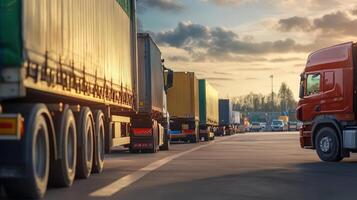 Trucks Lined Up at a Loading Dock During Sunset in Logistics Hub photo
