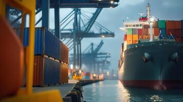 Cargo Ship Docked at Port Surrounded by Colorful Shipping Containers photo