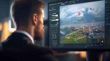 Businessman Analyzing Data on Computer Screen in Modern Office photo