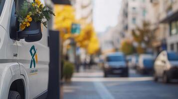 Delivery van adorned with flowers on a sunny urban street scene photo