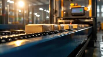 Industrial Conveyor System Transporting Packages in Warehouse Setting photo