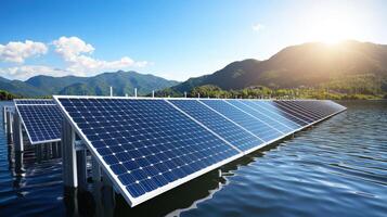 solar paneles reflejando luz de sol en calma agua con escénico montañas foto