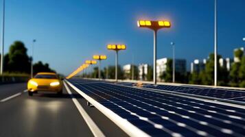 Solar Panels on Roadside with Street Lights and Car at Dusk photo