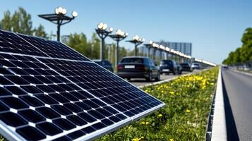 Solar Panel on Roadside with Cars and Street Lamps in Daylight photo