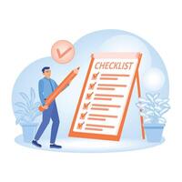 Men include check marks when filling out survey forms. vector
