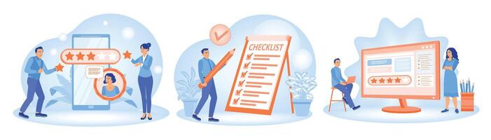 Customer feedback and review analysis, fill out forms, tick question items, and five-star rating. vector