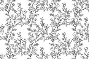 Botanical Line art abstract seamless branches with leaves and berries pattern illustration. Black and white outline repeating tree plant print. Graphic design for Wallpaper Cover Fabric Print vector
